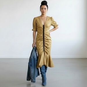C/MEO Collective Mustard Yellow Ruched Midi Dress | Puff Sleeve Hook-Front Dress